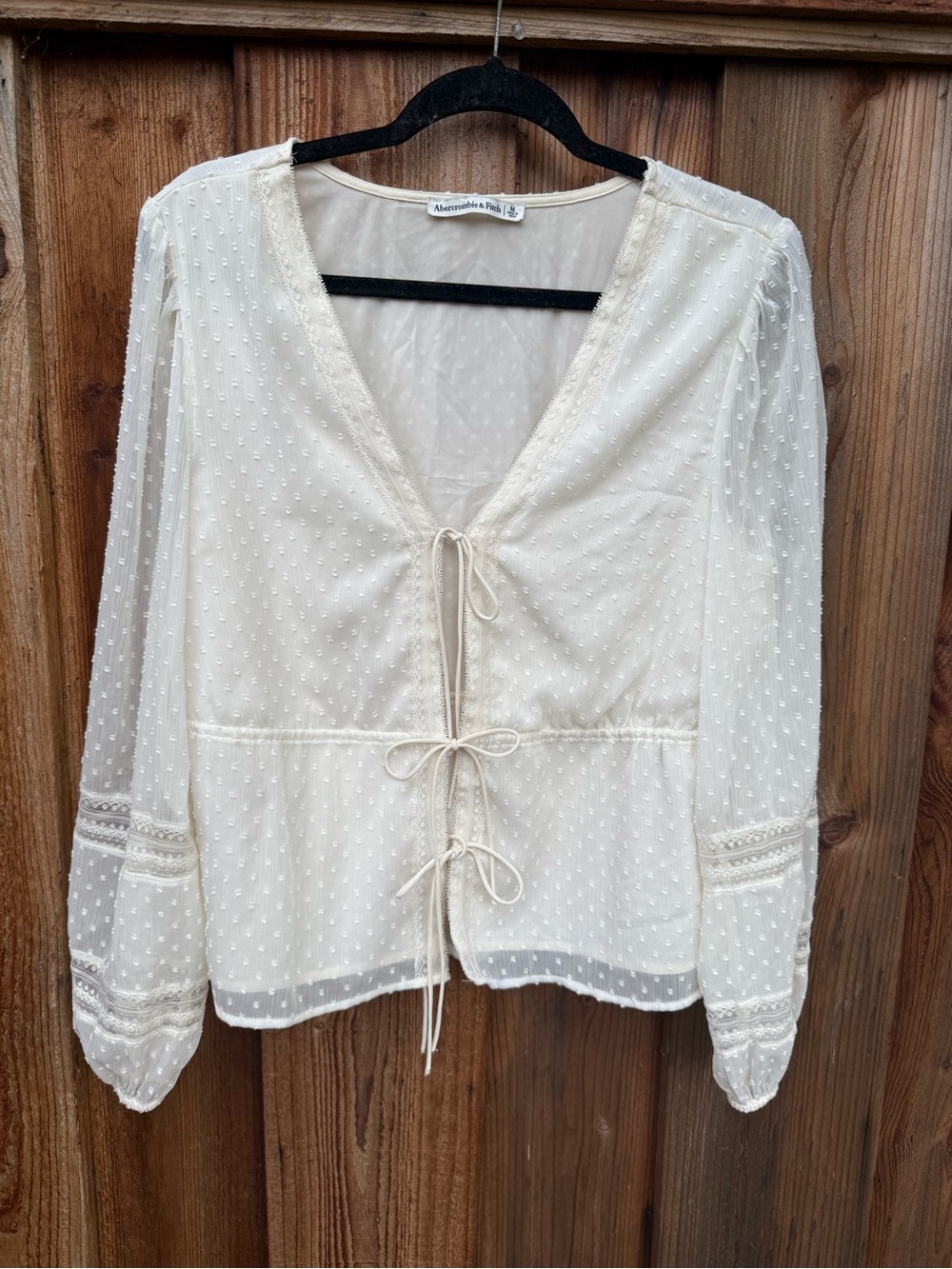 Abercrombie & Fitch Cream Swiss Dot Tie-Front Peasant Top